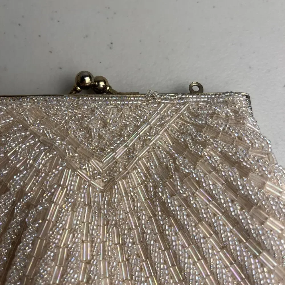 Cream Beaded Kiss Lock Clutch Evening Bag Vintage Retro Mid Century Handbag